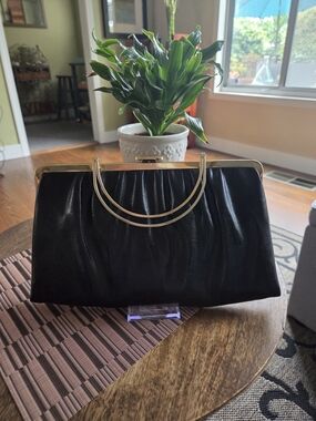 Vintage Black Leather Clutch with Unique Folding Gold Handle